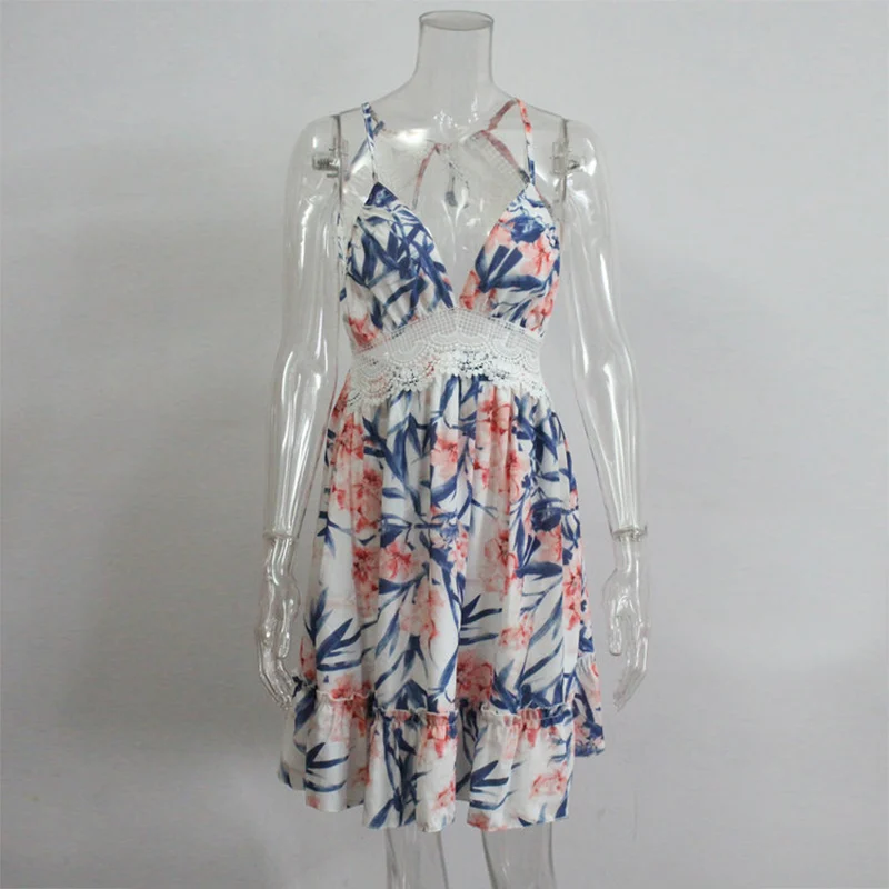 Floral Boho Dress платье летнее женское крючком кружевными рюшами пляжное платье v-образным вырезом Спагетти ремень спинки сексуальные мини летнее платье сарафан женский летний платье женское - Цвет: Floral