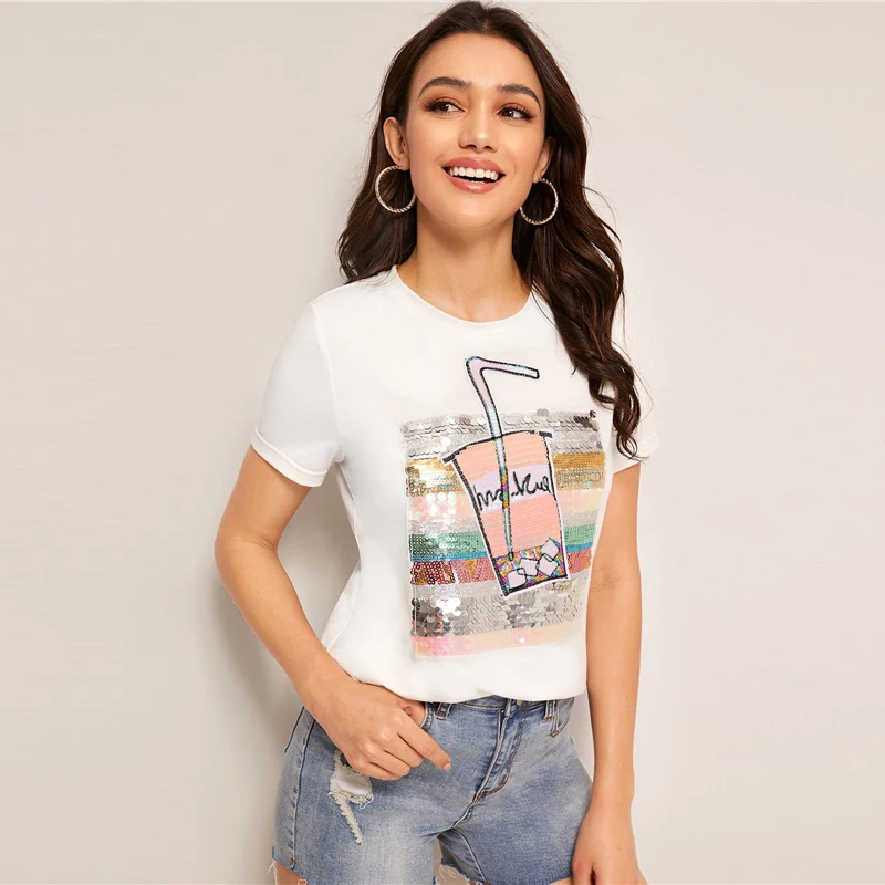 Dotfashion белый топ с блестками и цветными блоками для женщин Летняя Повседневная футболка с коротким рукавом Женская корейская модная футболка