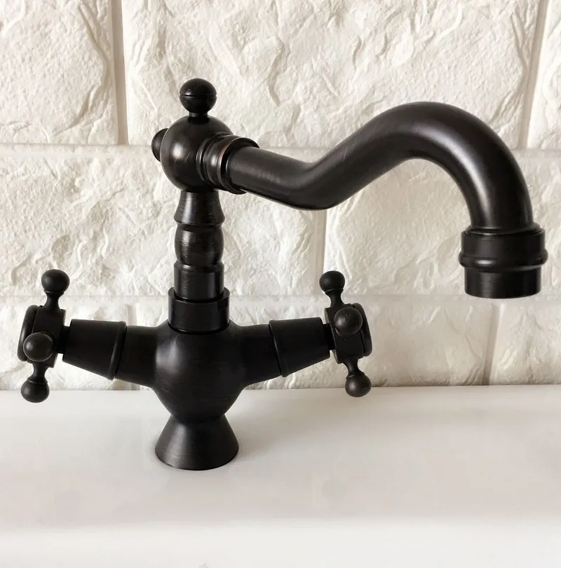 Black Oil Rubbed Brass Dual Cross Handles One Hole Bathroom Kitchen Basin Sink Faucet Mixer Tap Swivel Spout Deck Mounted mnf362 |