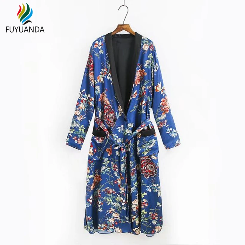 Длинные кимоно Этническая Цветочный принт Vintage Кардиган Блузки и топы с поясами
