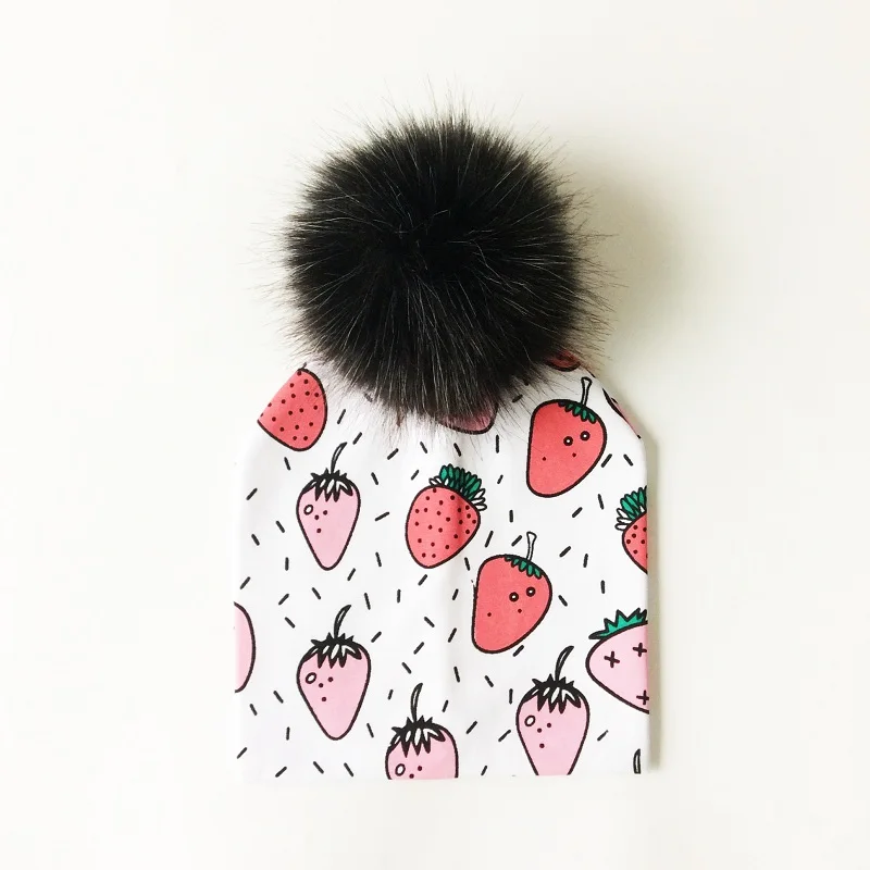 strawberry Детская шапка, хлопковая шапка с помпоном и принтом для детей, зимняя шапка для мальчиков, детские шапки для девочек, детские шапки - Цвет: strawberry