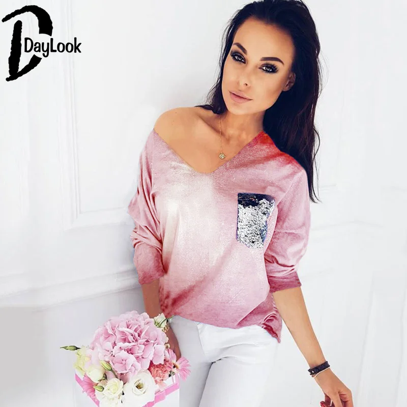 Daylook осень 2017 г. Новый Для женщин рубашки блестки лоскутное карман Bling с v-образным