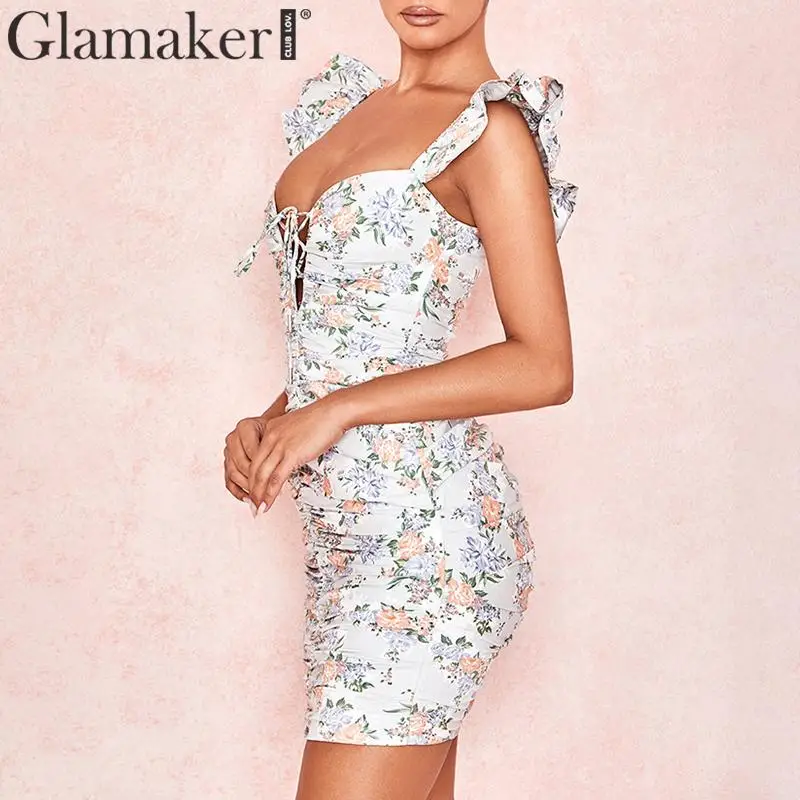 Glamaker, платье с оборками и цветочным принтом, женское, элегантное, на шнуровке, Мини Короткое платье, сексуальные, вечерние, для ночного клуба, женское платье, vestidos