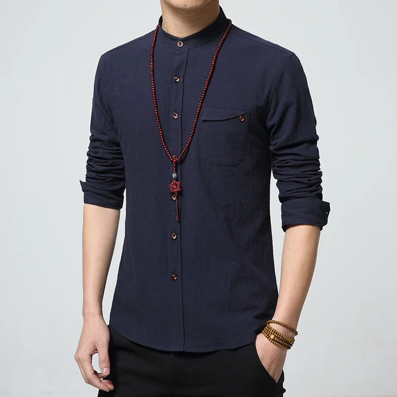 MIACAWOR Cotton Linen Men Shirt New 2018 Stand Collar Casual Male Slim Fit Mens Shirts Long-Sleeve Camisa Hombre 5XL MC250 | Мужская