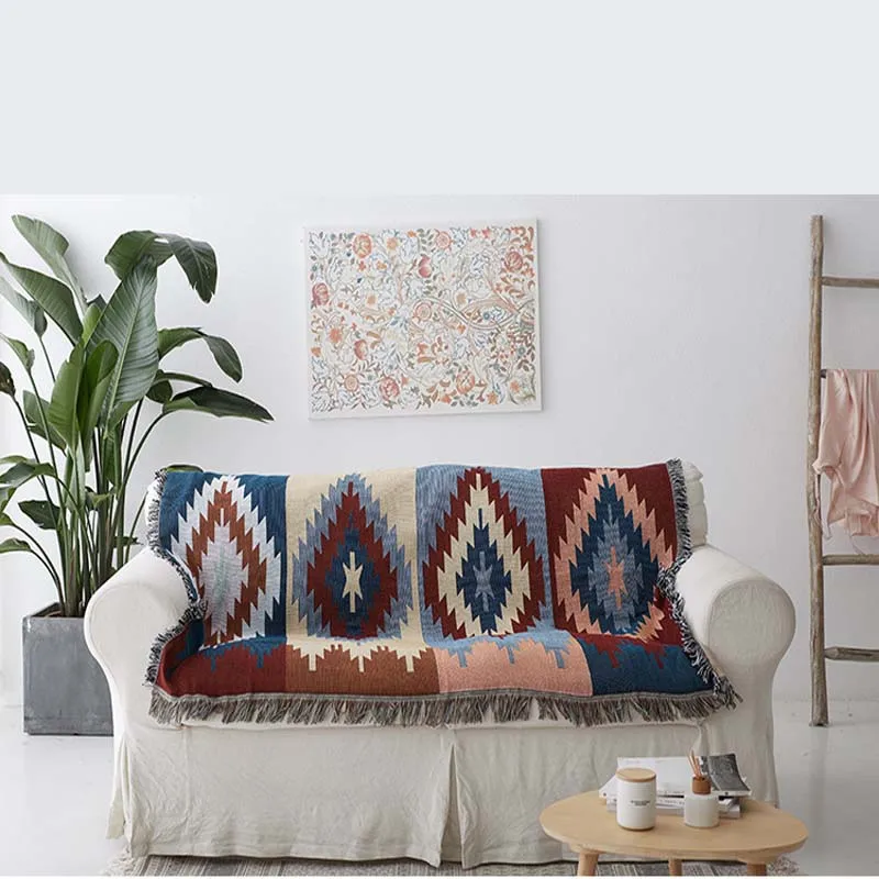 Geometric Pattern Summer Knitted Blanket Cotton Throw Blankets for Sofa Cover Air-conditioned Room Tippet Tassels 3 Size Manta |