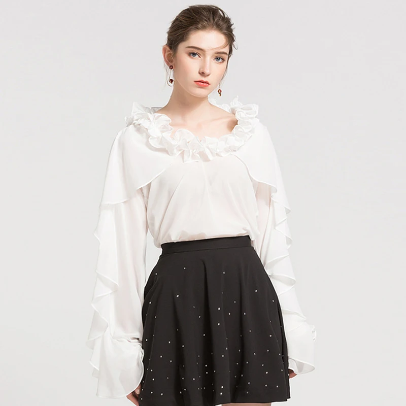 HIGH STREET New Fashion 2018 Designer Blouse Women's Butterfly Sleeve Ruffle Chiffon Shirt |