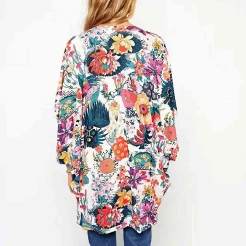 Женская мода цветочный Повседневный свободный длинный рукав шаль кимоно
