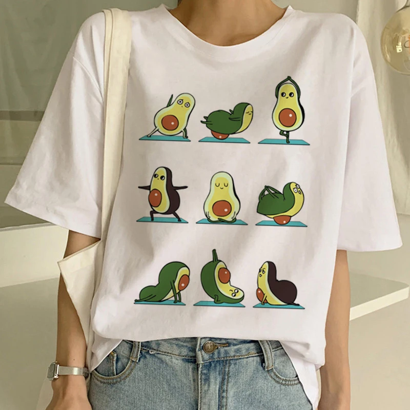 New T shirt Women Cartoon Avocado Vegan Short Sleeve Cute T-shirt Small Fresh Casual Harajuku Ullzang Tshirt Fashion Tops | Женская