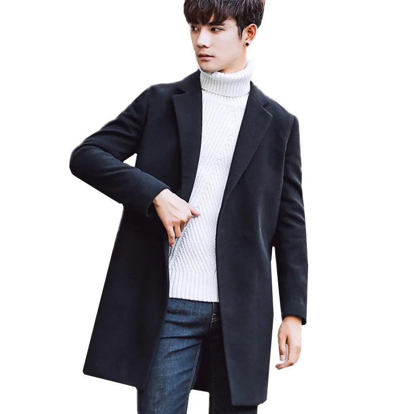 

2019 Fashion Solid Color Woolen Men Long Coat Slim Elegant Youth Men's High Street Jacket