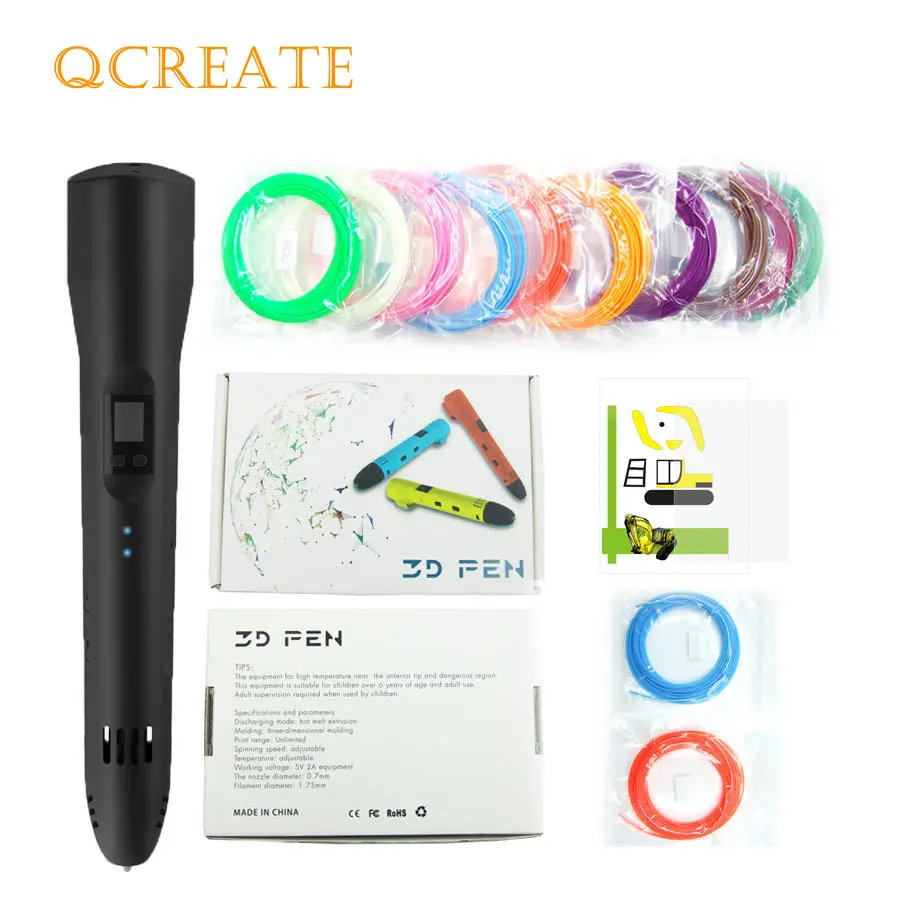 QCREATE 3D Ручка низкотемпературная 3D печатная ручка ЖК-экран температура нагрева и скорость регулируемая добавить 50 м PCL Пластиковые Нити