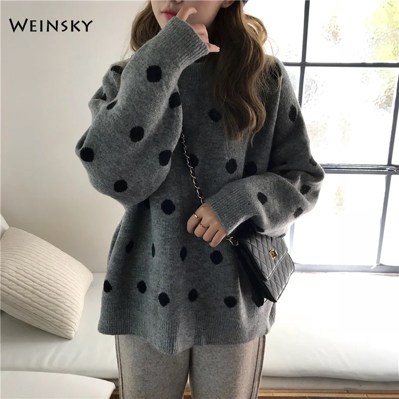 

Women Knitted Sweater And Pullovers Korean Fashion Style O-Neck Jumper Sweaters Autumn And Winter 2019 New Dot Tops