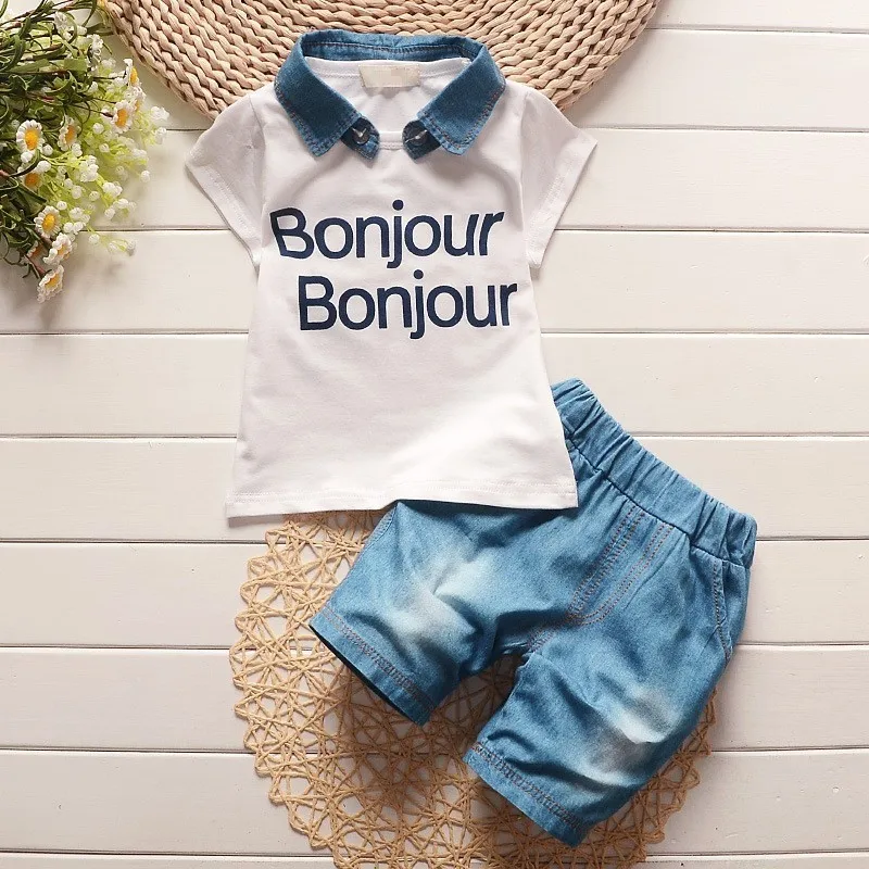 2017 baby boys summer denim lapel clothes kids letter short sleeve t shirt jean shorts suit children leisure clothing sets |