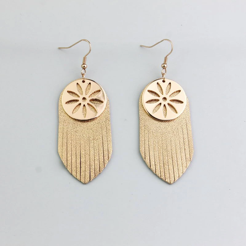 

Bohemian Handmade Suede Genuine Leather Tassel Drop Earrings Copper Hollow Out Flower Earrings for Women Jewelry Bijoux
