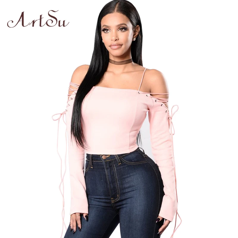 Кроп-Топ женский однотонный на шнуровке с длинным рукавом и воротником-лодочкой |