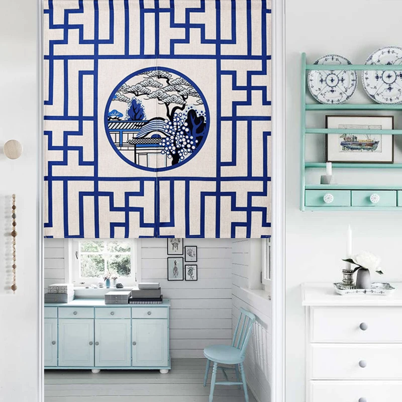 Современная китайская синяя белая тема Ретро занавеска для двери с пейзажем