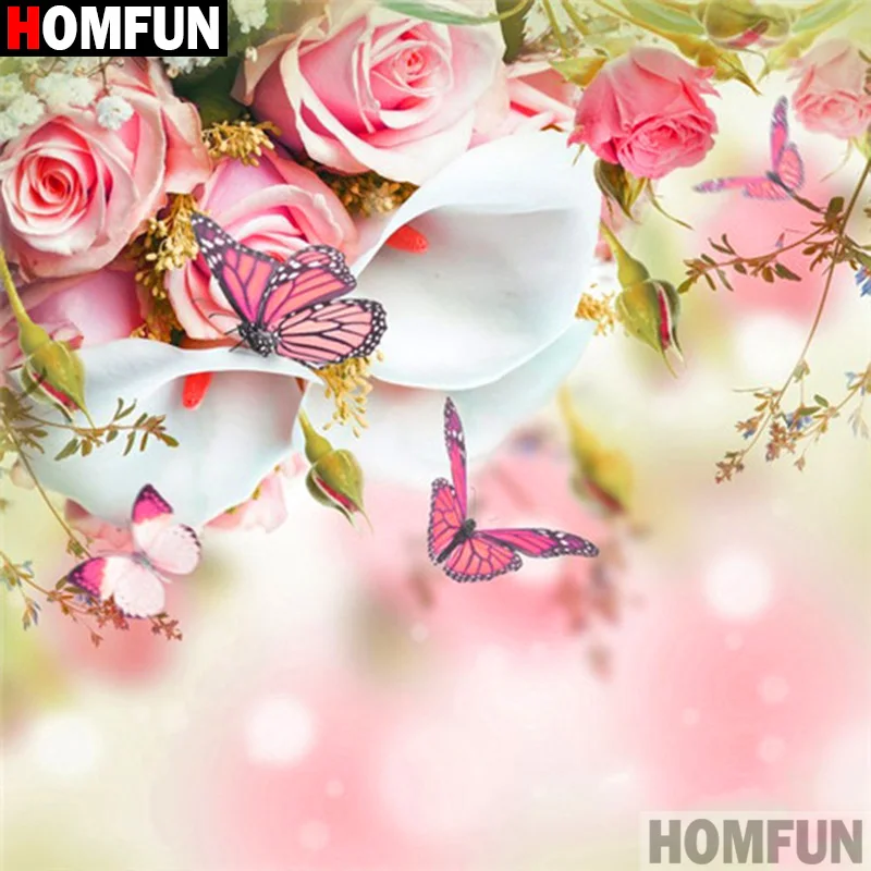 

Алмазная 5D картина HOMFUN «цветок, бабочка», вышивка крестиком, полное покрытие, квадратные/круглые, домашний декор, A20040