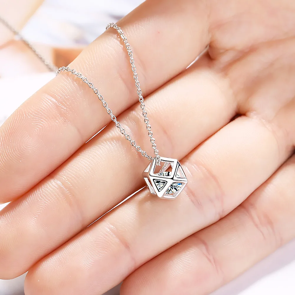 

Square Cube Zircon Pendant Necklace For Women 925 Sterling Silver Chain Jewelry kolye collares de moda 2020