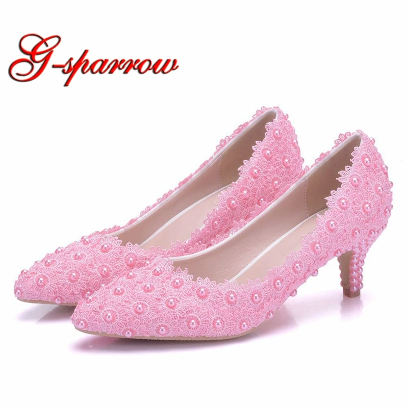 5cm Middle Heel Women Dress Shoes Pointed Toe Wedding Dress Shoes Pink Lace Flower Bridesmaid Shoes Princess Party Heels Size 43