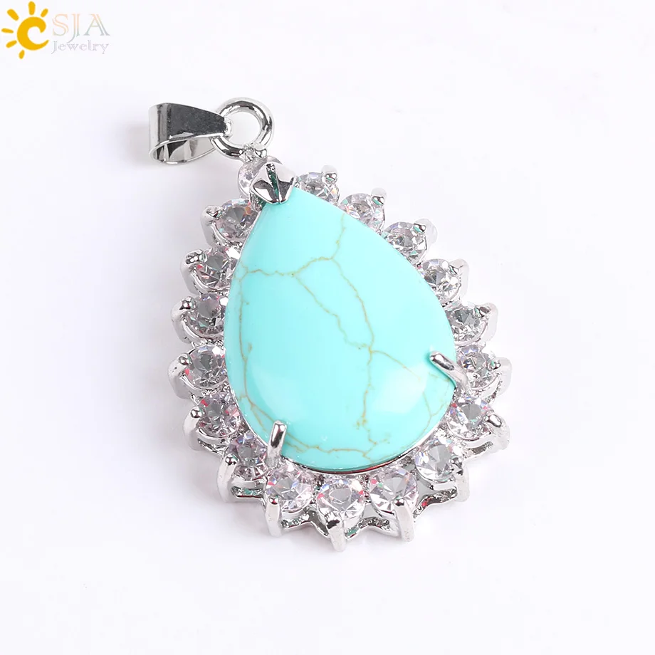 Turquoise CSJA рейки натуральный драгоценный камень капли воды ожерелье Подвески фиолетовый розовый кварц Лазурит тигровый глаз опал Стразы ювелирные изделия E829 - Окраска металла: Turquoise