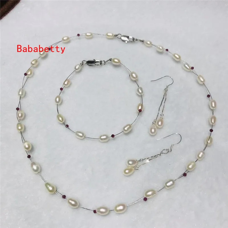 

beautiful New handmade natural freshwater pearls 5-6 mm rice shapes white multicolor necklace 18 "Bracelet7.5" earrings set AAA