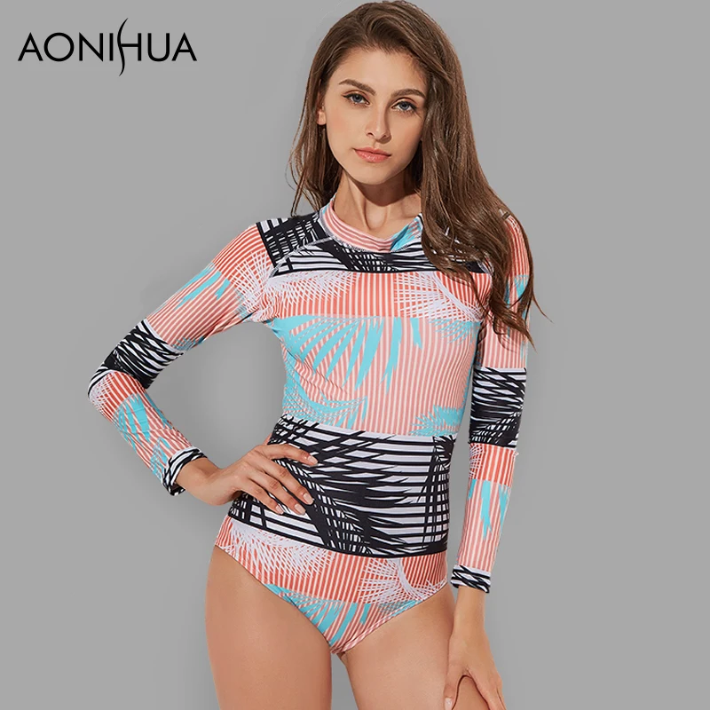 Aonihua 2018 Одна деталь купальники Для женщин ретро Сёрфинг Гидромайки Винтаж печати