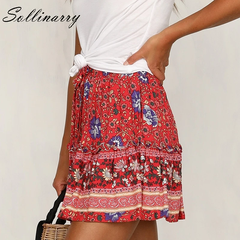 Sollinarry красные цветочные Boho шикарные женские юбки эластичная талия сексуальная