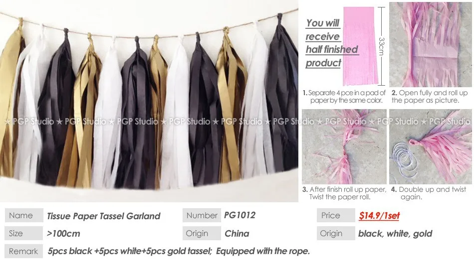 [PGP] 100 см черно-белая и золотая тканевая гирлянда с кисточками девичник/девичник