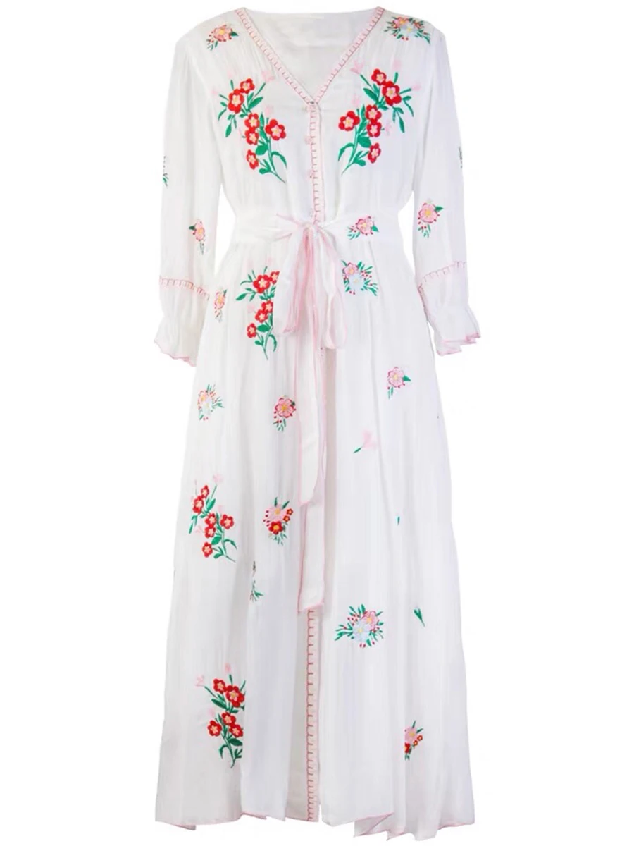 

Floral Embroidered Midi Dress Women White Bohemian Chic Party Dresses Autumn Summer Clothes 2019 Boho Beach Party Vintage Dress