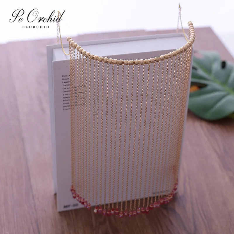 PEORCHID китайский бисер украшения для лба Длинная кисточка маска лица Hanfu