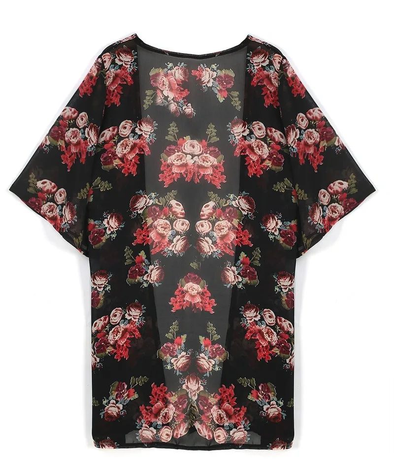 

Women Casual Ladies Shirts Summer Long Crochet Chiffon Kimono preto Loose flora printed Blouse Tops Black OUC2460