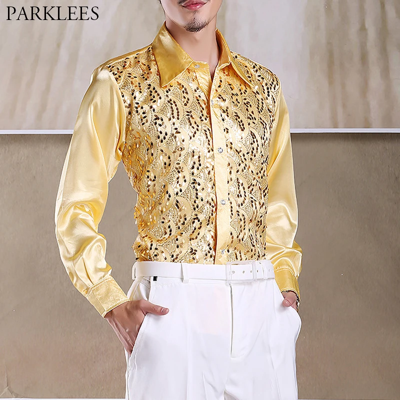 Shiny Gold Sequin Glitter Long Sleeve Shirt Men 2019 New Fashion Nightclub Party Stage Disco Chorus Shirt for Men Chemise Homme