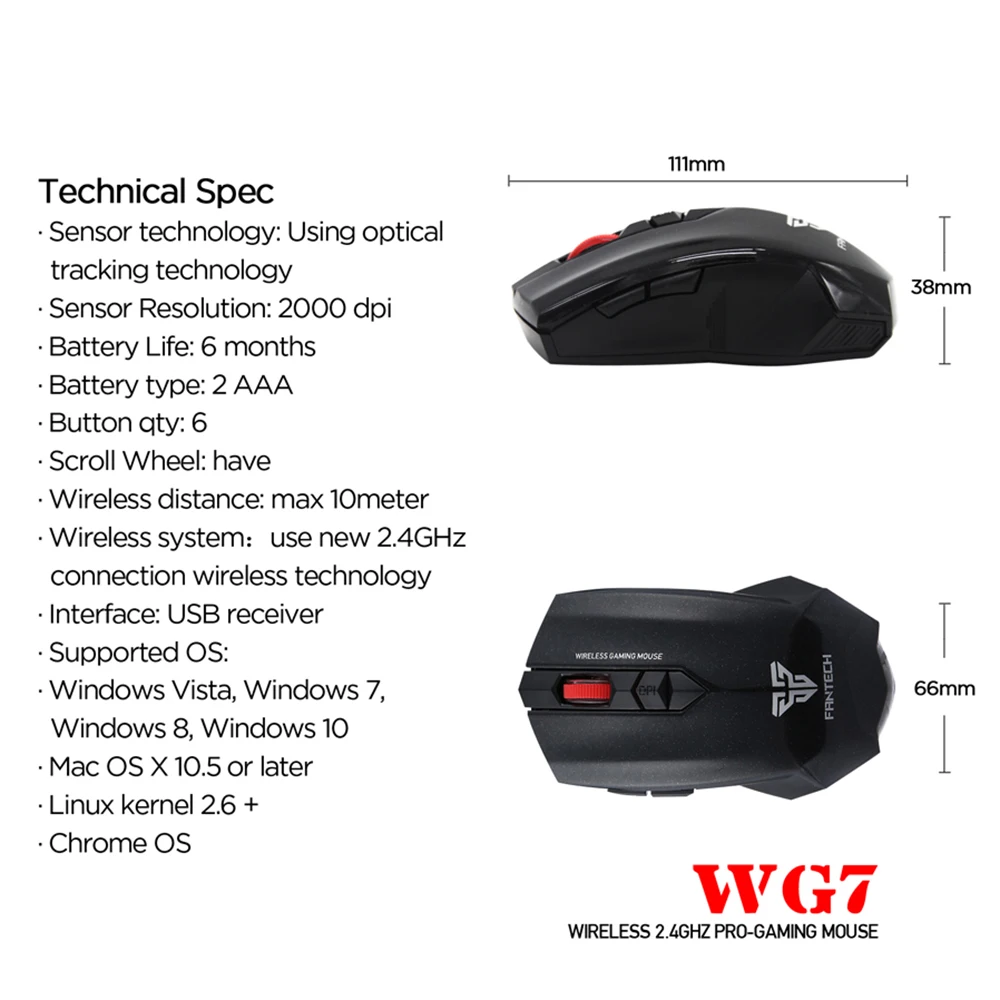FANTECH WG7 2000 dpi 6 кнопок 2 4 ГГц Беспроводная мышь игровая геймер регулируемые
