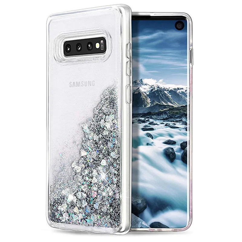 Блестящий Жидкий чехол Quicksand для samsung Galaxy S10, чехол с водопадом, ослепительный, сверкающий двухслойный прозрачный тонкий стильный - Цвет: Silver