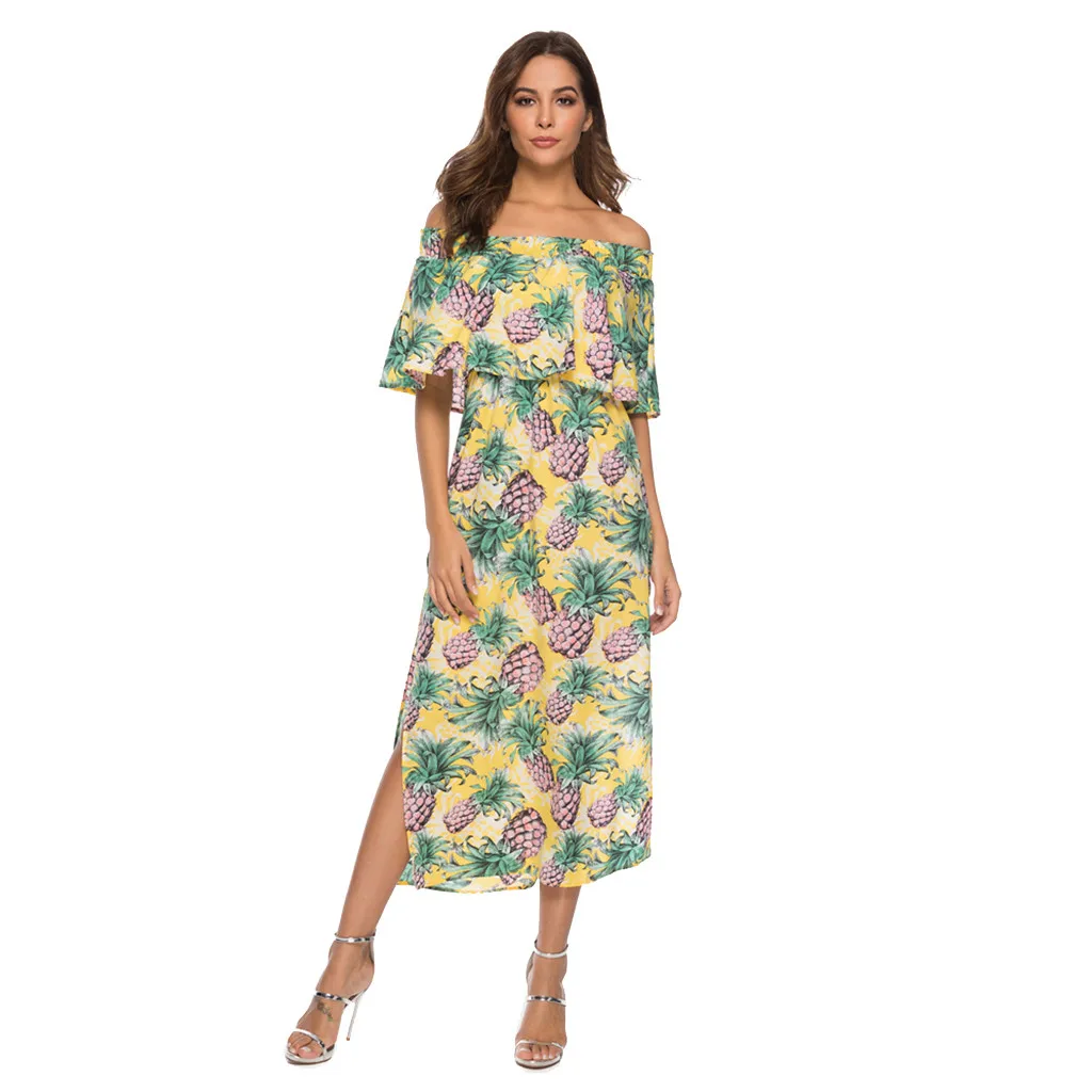 Dress sexy elegant Womens Off The Shoulder Beach Holiday Pineapple Print Party summer 2019 new arrival slim soft dress | Женская одежда