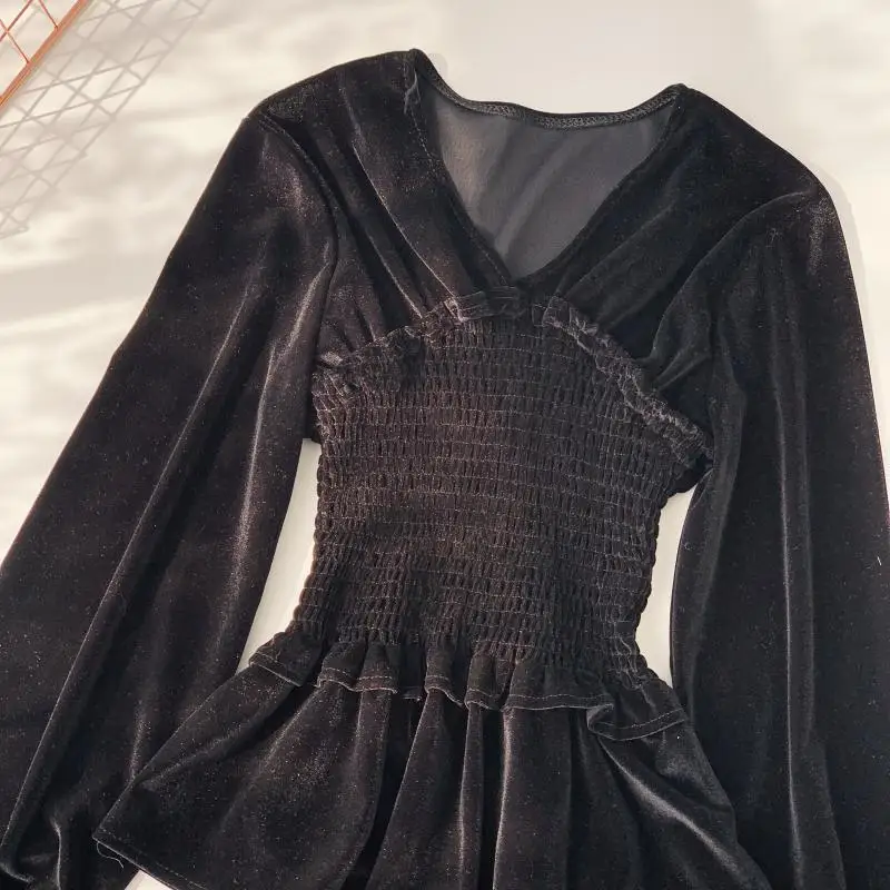 2019 new fashion women's blouse shirt elegant solid color velvet V-neck elastic pleated waist versatile blusa top |