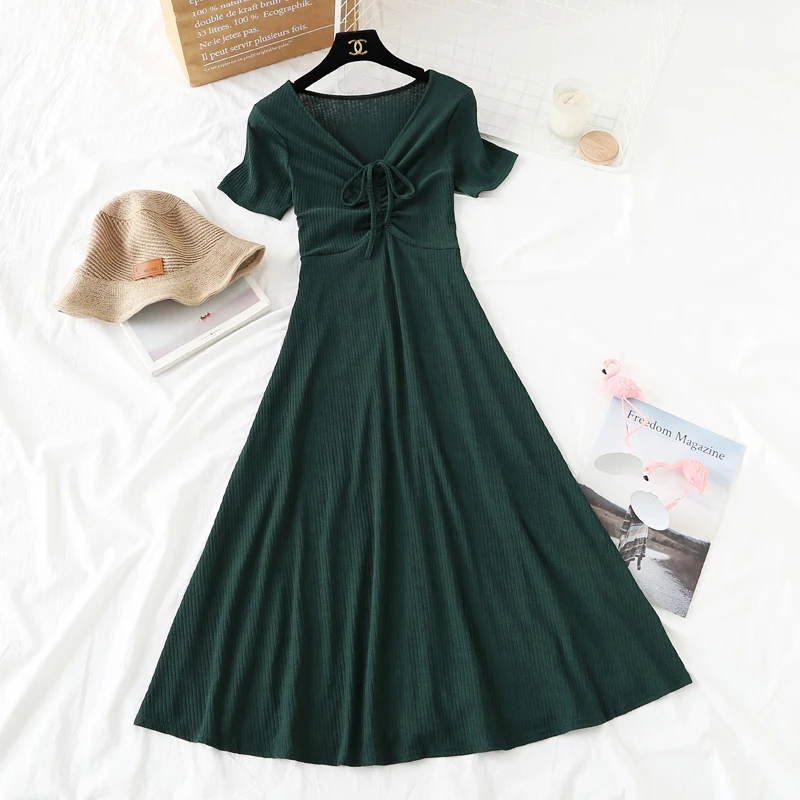 Новый лето-осень Мода шнурок v-образным вырезом вязаные платья Винтаж узким