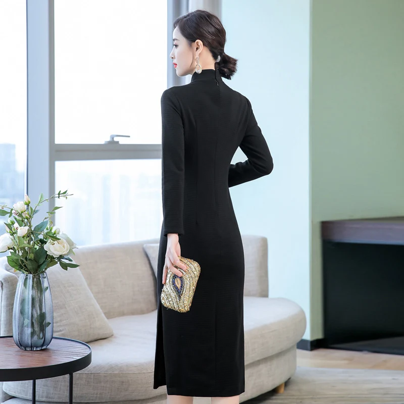 Черный традиционный китайский Ципао платье бабочка вышивка хлопок cheongsam женские