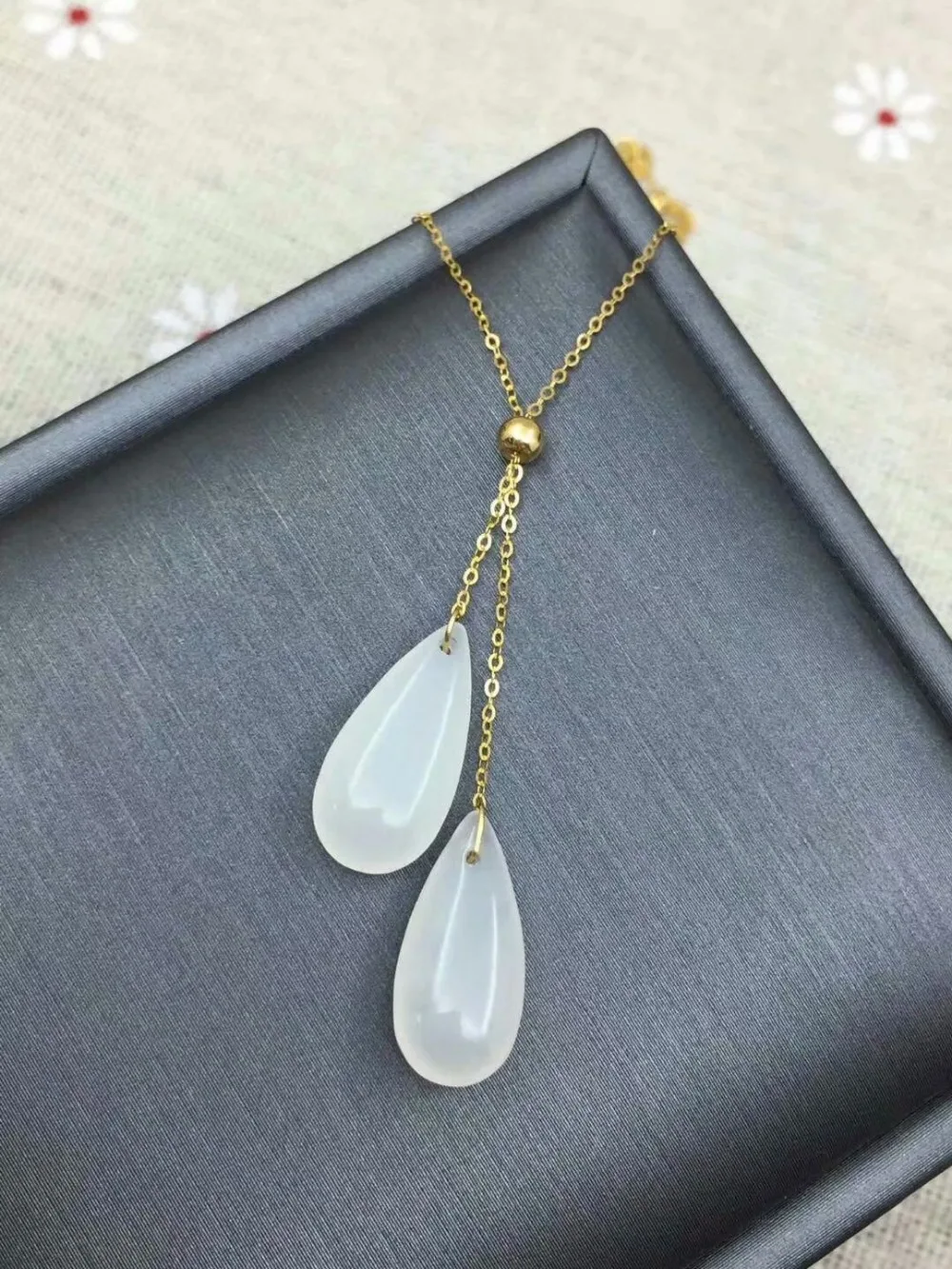 

SHILOVEM 18k yellow gold Natural white Jasper Pendants classic fine Jewelry women wedding necklace new gift yzz081890hby
