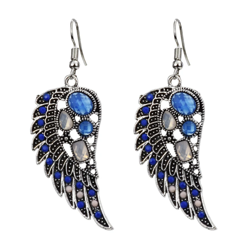 Женские богемные серьги с ангельскими крыльями перьями и кристаллами сплав