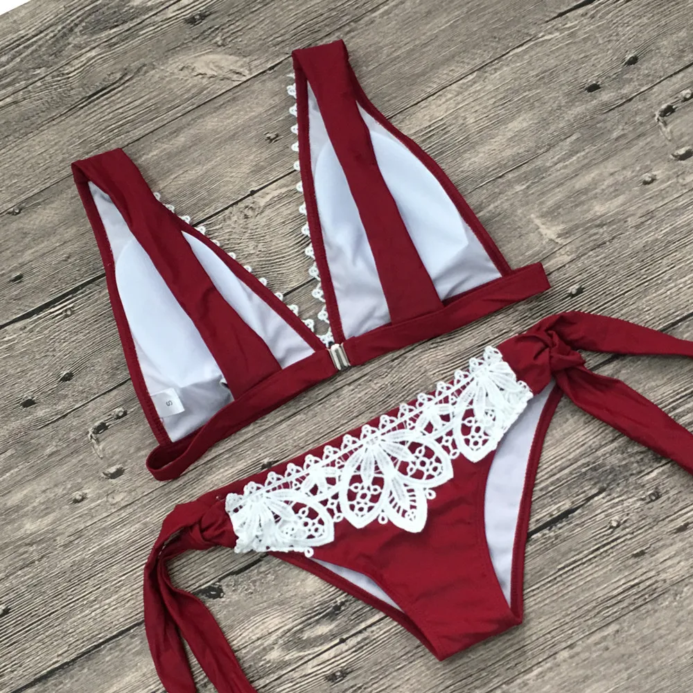 Misshow 2019 женские кружевные лоскутные красные купальники с бикини набор Maillot De Bain