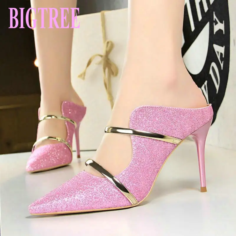 

BIGTREE 2019 New Pink Double Word Band Outdoor Slippers Women Fashion Sequined Cloth Pointed Toe Shallow High Heels Shoes Women