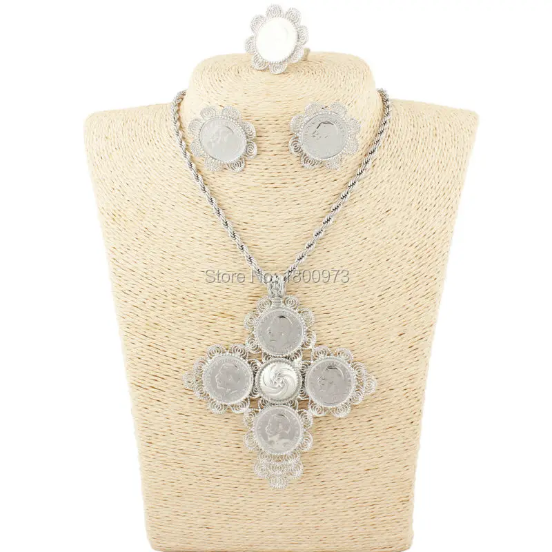 Newest Big Size Cross Ethiopian wedding Habesha jewelry sets For Women Silver Plated Jewelry African bridal | Украшения и