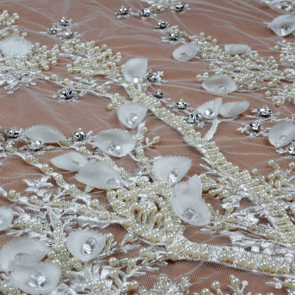 

La Belleza handmade beaded crystal ivory 3D flowers evening ddress lace fabric 1 yard SNB3D801
