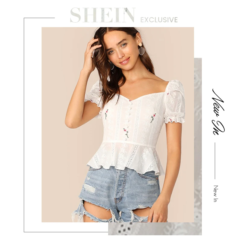 SHEIN топ с воланами, пышными рукавами, пуговицами спереди и баской, Boho, белая баска, с вышивкой, летние женские топы и блузки