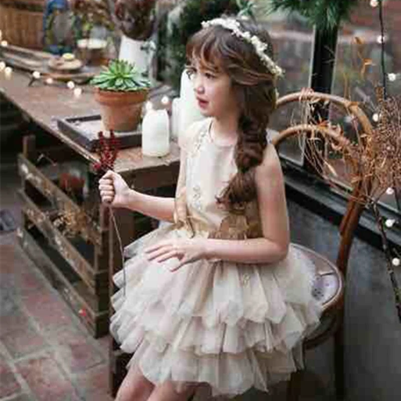 Floral Girls Flower Dresses Champagne Gold Beaded Tutu Tiered Dress Princess Baby Special Designer Irregular Party Forma | Детская
