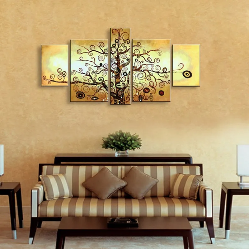 

100% Handpainted Abstract Home Decoration 5 Panel Money Life Tree Oil Painting Modern Golden Canvas Set Indoor Wall