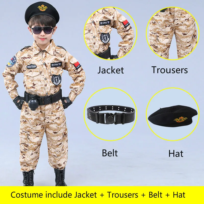 4 piece long sleeve Детская камуфляжная форма для мальчиков и девочек, школьная, Студенческая, армейская Военная униформа, детский Скаутинг, Школьный костюм полицейского для косплея, для шоу - Цвет: 4 piece long sleeve