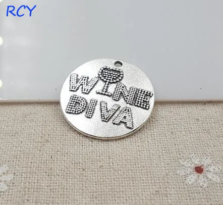 

Top Quality 5 Pieces/lot 25mm Round Disc Letter Printed wine diva charms wine charms for jewelry making
