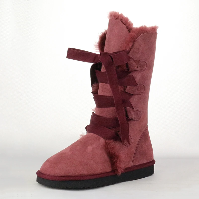 Wine Red UVWP/модные высокие зимние сапоги; женские сапоги; высокие сапоги из натуральной овечьей кожи на шнуровке; теплые шерстяные зимние сапоги с натуральным мехом - Цвет: Wine Red