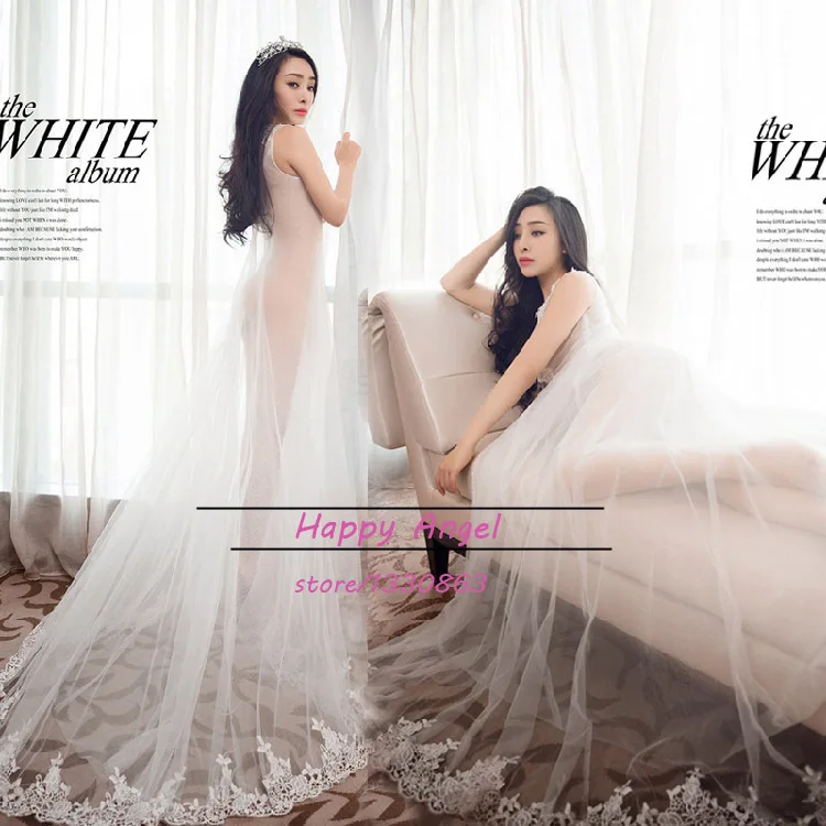 Белое газовое платье для беременных со шлейфом кружевное Прозрачное реквизит